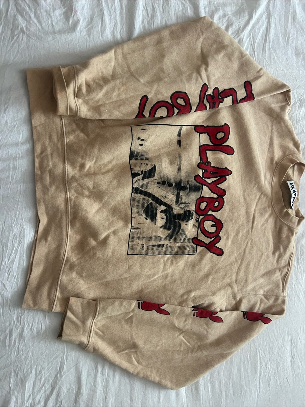 PacSun Playboy Beige Pullover Sweatshirt with Red Graphic